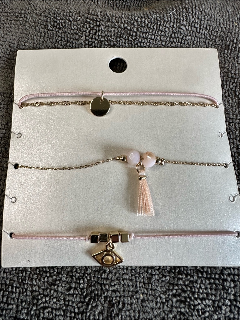 Delicate Pink Tassel & Charm Bracelet Set with Gold Accents